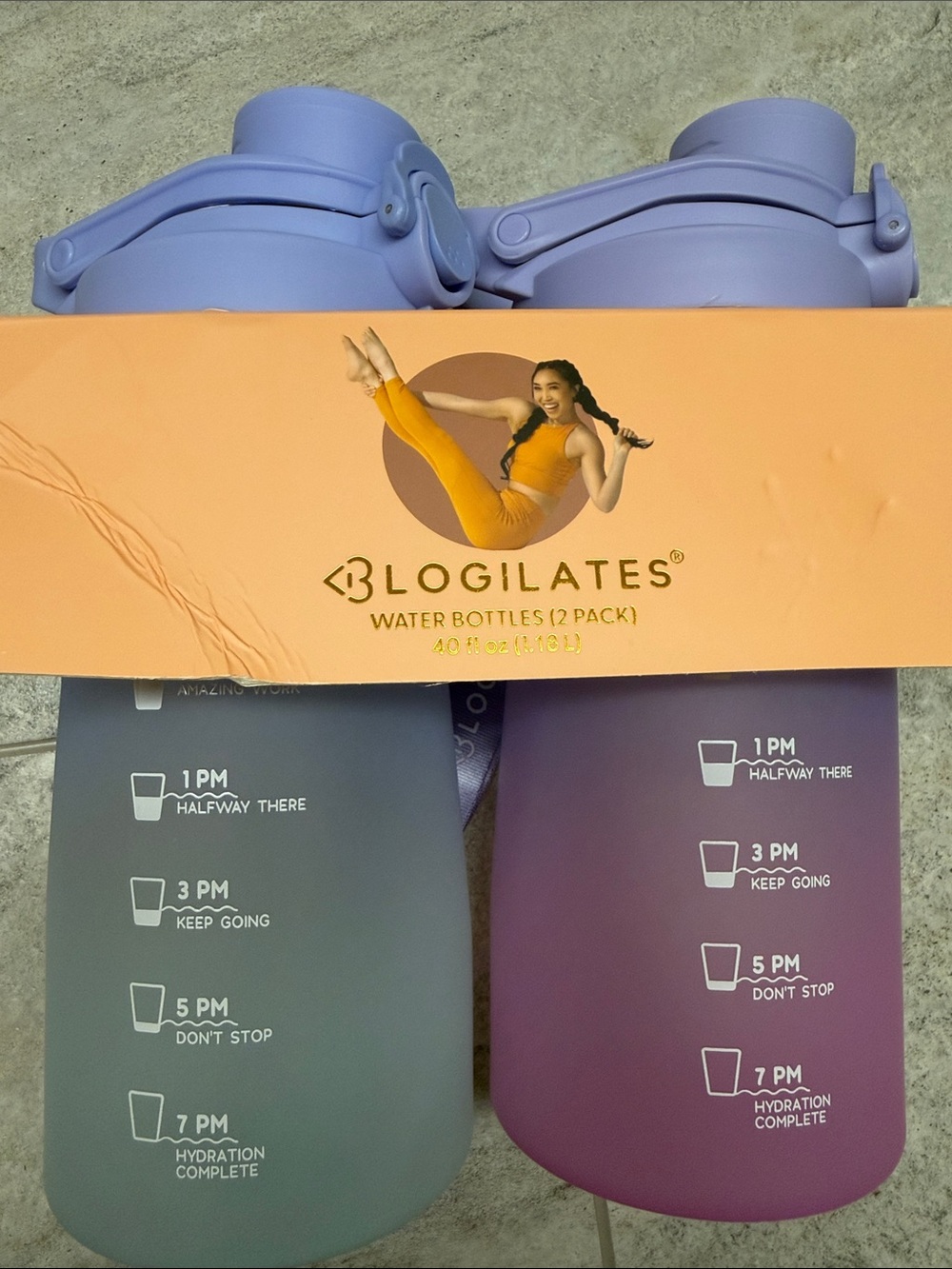 NWT 2x Pack Blogilates Water Bottles 40oz Each BPA Free Water Intake Hydration